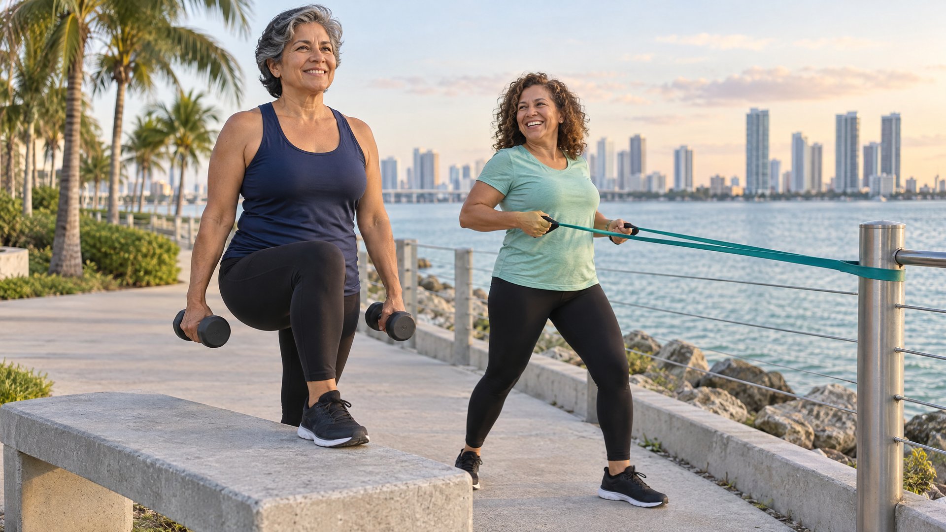 Two women in their 50s strength training on a Biscayne Bay waterfront in Miami, one doing dumbbell step-ups onto a bench and one doing a resistance band row